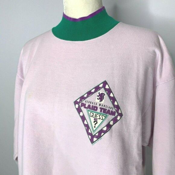 Vintage 80s Guess Sweatshirt M Lilac Georges Marciano Mock Neck Double Sided - Picture 4 of 12